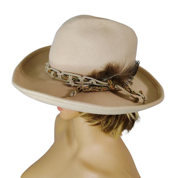 Tan Lancaster Wool Cowboy Western Hat Leather Rope Feather Hat Band Size 7 Women - Picture 4 of 10
